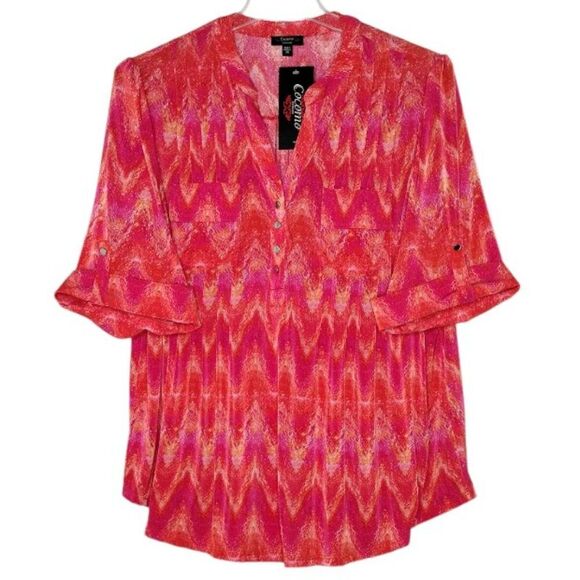 NWT Cocomo Plus Size 3X Pink & Orange Geo Print Pintuck Short Sleeve Top - Picture 1 of 7